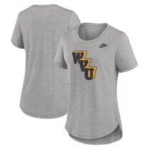 Front and back of a dark grey heather Nike WVU women's tee with a diagonal stacked WVU legacy logo full front screen print